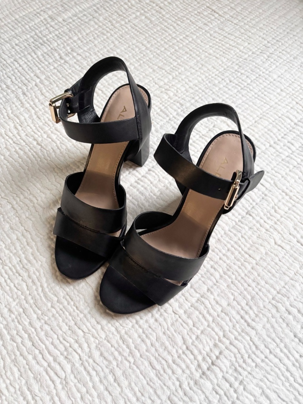 Aldo Caparosa Black Leather Block Heel Sandals - Picture 4 of 6